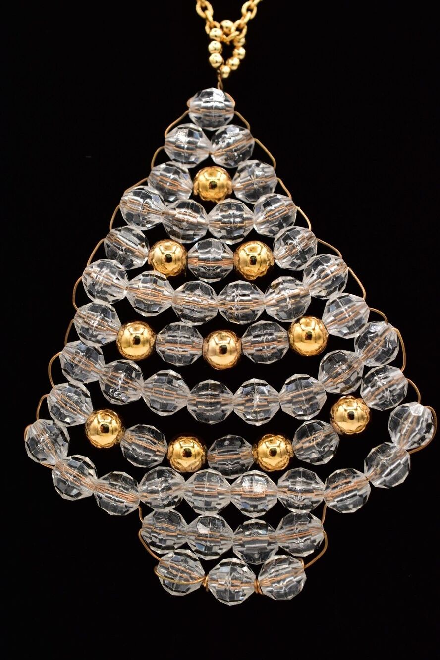 Vintage Beaded Christmas Tree Pendant Necklace Lucite Beaded Clear 1990s BinBD